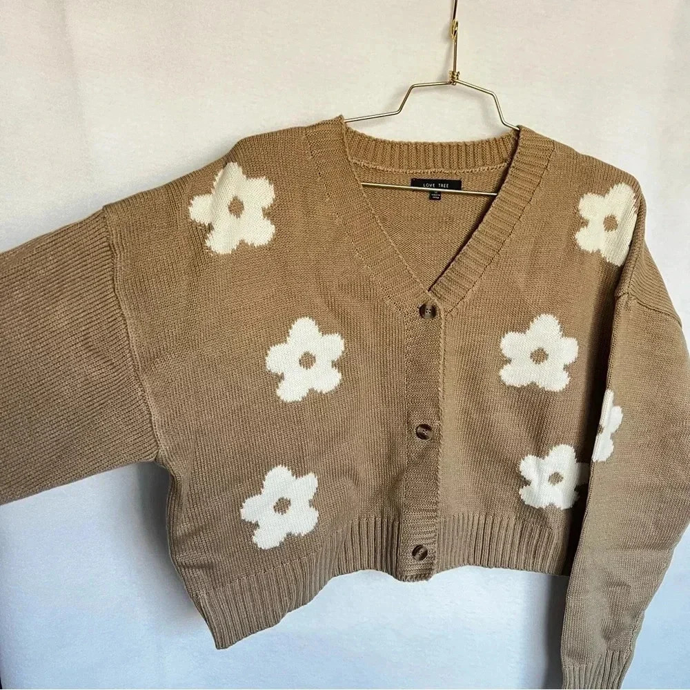 Cardigan Sweater Floral Knitted Oversized Boxsy Waist Length Khaki Brown - Picture 7 of 8